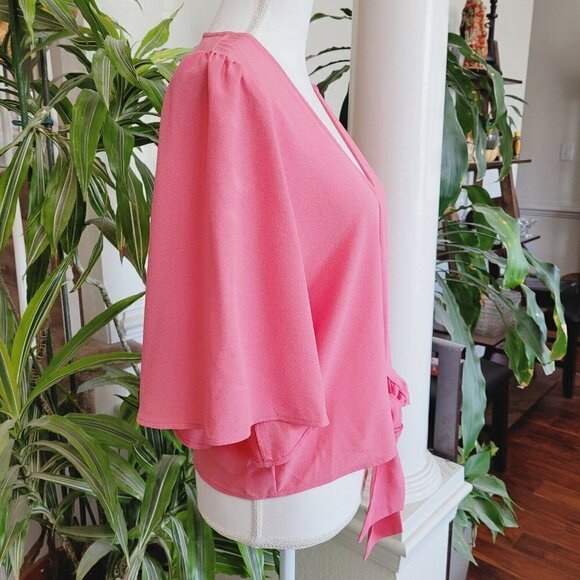 1 State Sz Medium Blouse Cherry Blossom Pink Tie Front V Neck Kimono Sleeve NEW - Picture 4 of 9